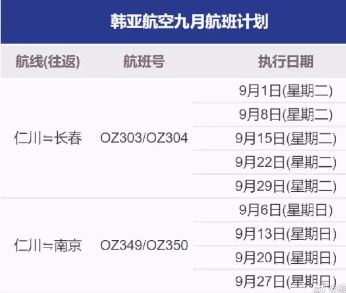 9月中国国际航空计划表